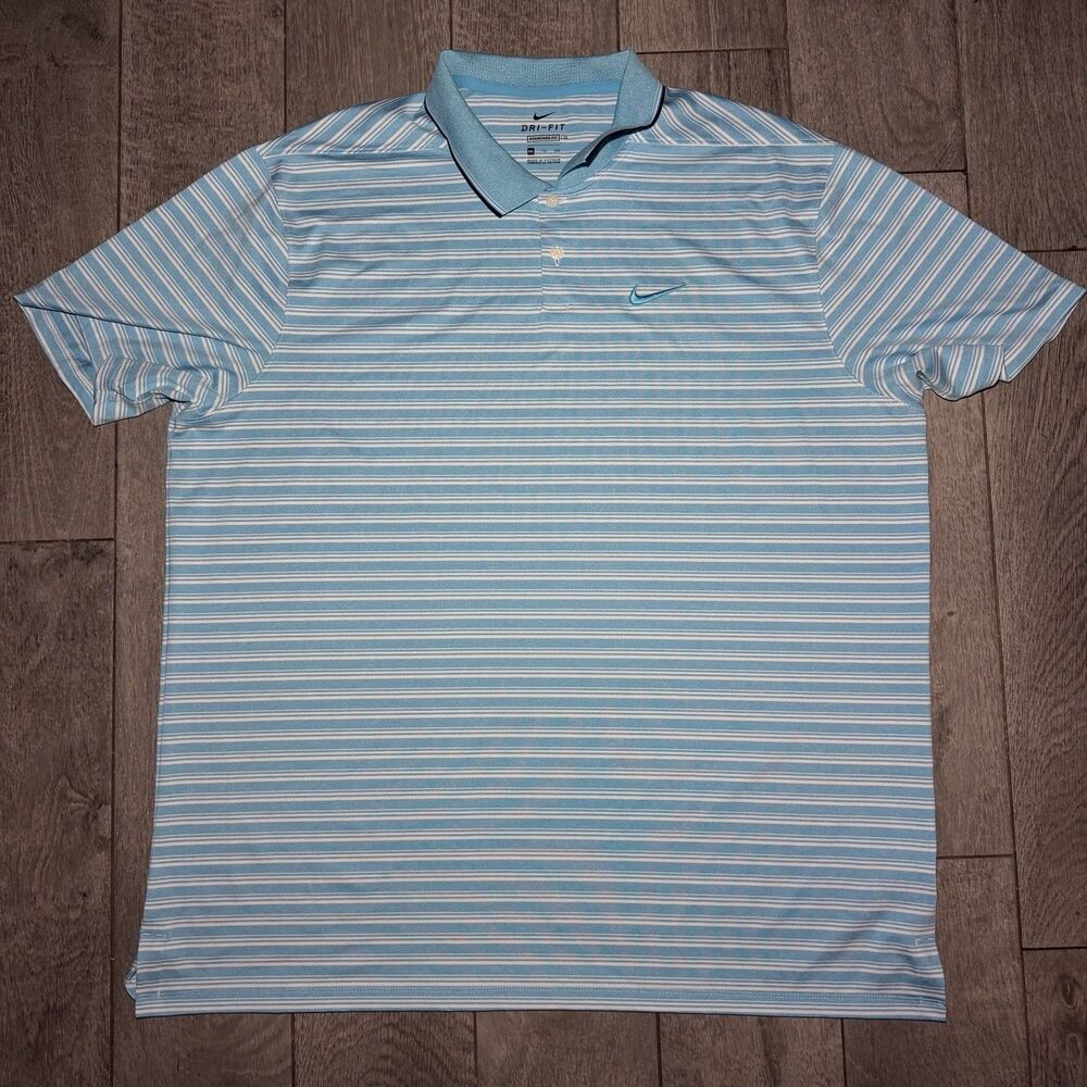 Nike Dri-Fit Polo Mens XXL Blue Striped Standard Fit Short Sleeve Button Shirt
